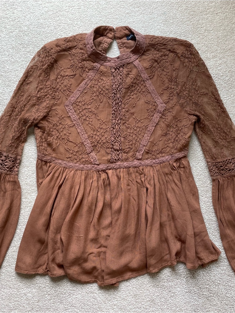 American Eagle Outfitters Lace, Woven, and Mesh Peplum Blouse in Rust